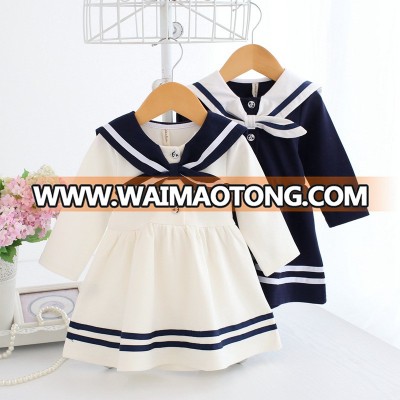 Quality stylish design long sleeve pure color cotton short A line sailor skirt  kids  dress in girls dress