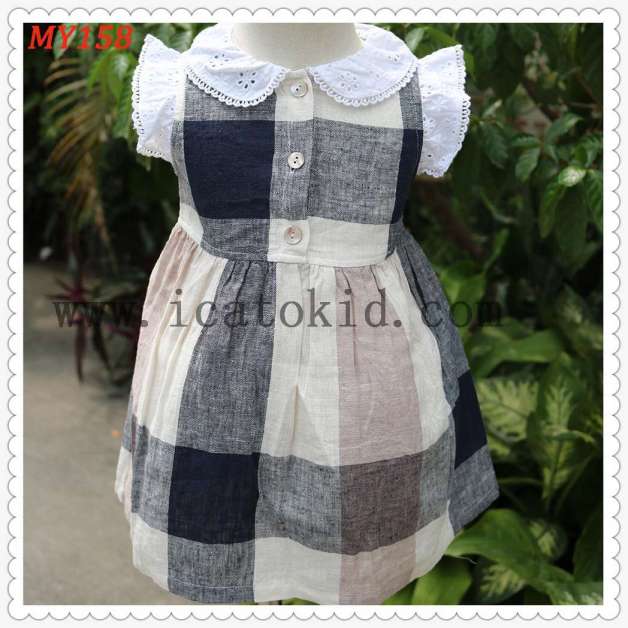 Fly Sleeve Lap Dress Checkskirt Cotton Dress Baby Girl Party Dress